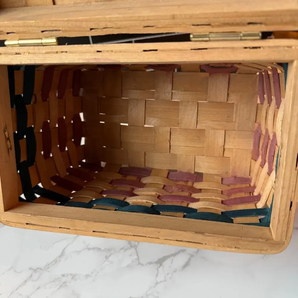 VTG Patriotic Stars Woven Wood Basket Lid Decor